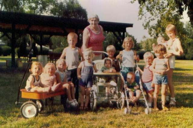 Grandma Erika with great-grandkids - David, Jill, Barbie, Ryan, Tascha, Laura, Michael, Heather, Corey, Steven, Chris, Teresa, Jann