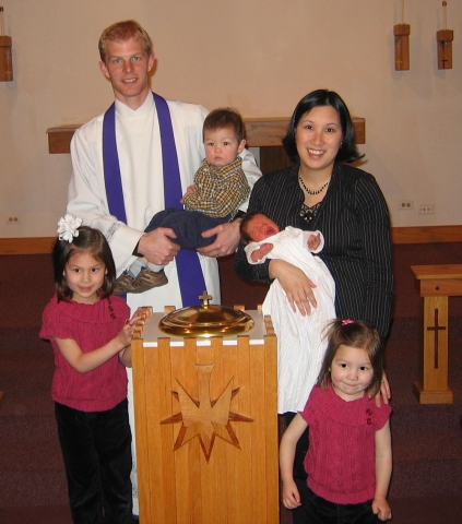 Baptism of David Lawrence Melius on April 4, 2007 - Rebecca, Jared, Thomas, David, Jan and Rachel